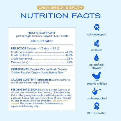 Bone Broth for Dogs and Cats – Dog Bone Broth Powder for Dog Food Topper for Picky Eaters – Cat and Dog Broth - Dog Gravy Topper for Dry Food – Chicken Broth for Dogs and Cast – 11.5 Oz