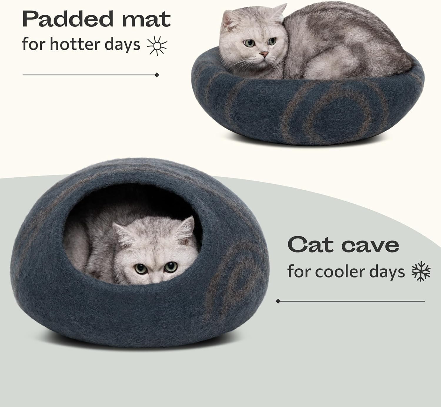 Cat Cave – Premium Felt Cat Bed for Indoor Cats, Handmade 100% Merino Wool (Large, Slate Gray)